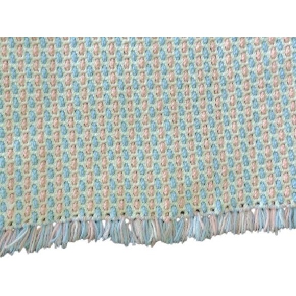 Handmade Pink Blue and White Crocheted Baby Blanket with Fringe 38 x 34 Inches - Picture 2 of 6